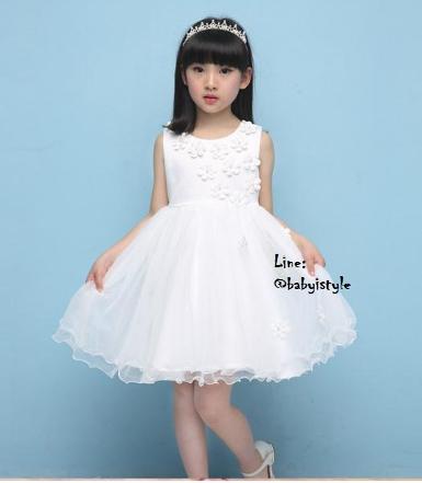 *Sales เด็กโต-เดรสออกงานแขนกุดสีขาว กระโปรงแต่งดอกไม้และมุกไซส์ 140 รหัส KKK737A